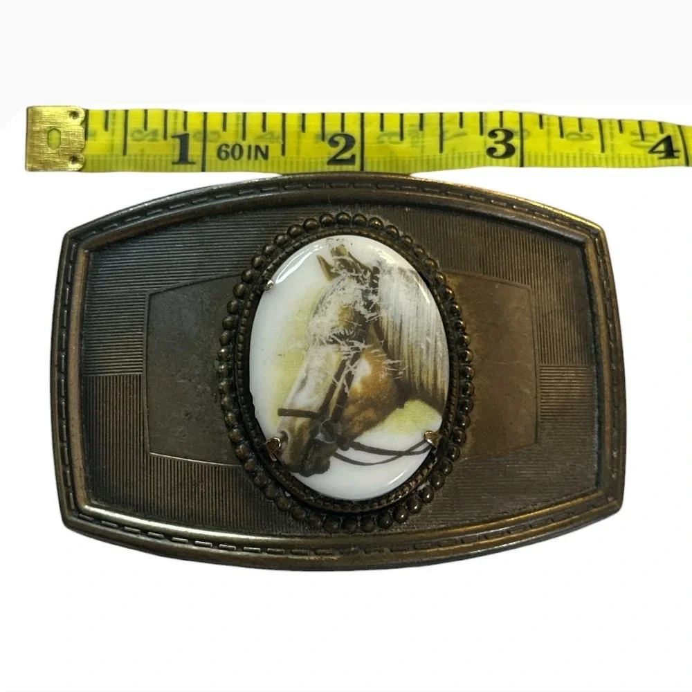 Vintage Western Horse Portrait Belt Buckle Antiqued Brass Tone Ceramic Cabochon